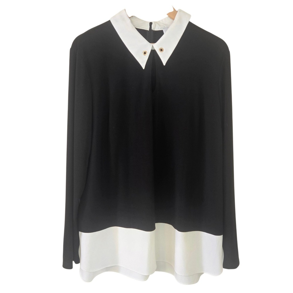 Joseph Ribkoff Size 16 Black White Colorblock Tunic Blouse Gold Grommet Collar